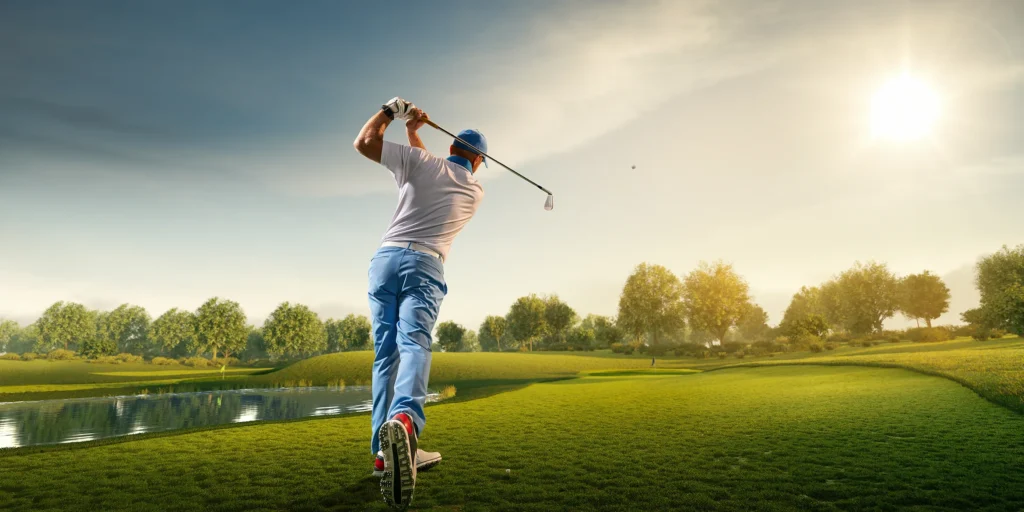 Golfer enjoying a vibrant sunset game at Saltburn Golf Course, with the sprawling green in the foreground