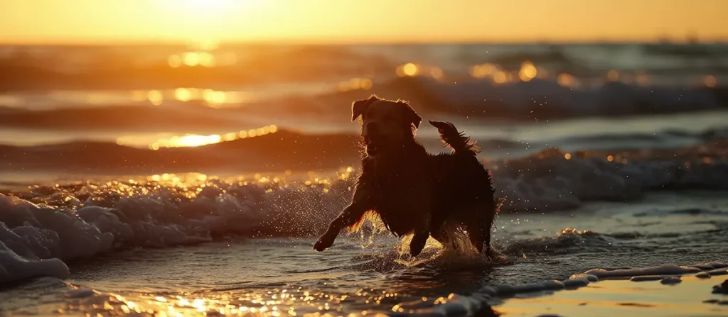 dog playing in sea